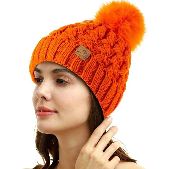 Women’s Orange Winter Ribbed Beanie Hat Chunky Cable Knit Pompom Warm main image 6